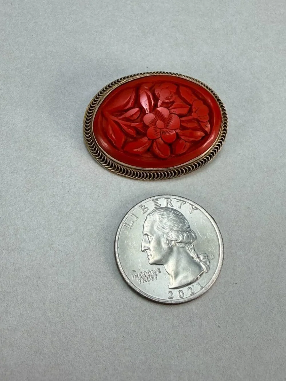 Vintage Chinese Cinnabar Carved Floral Brooch Gold Tone Oval Sterling Silver